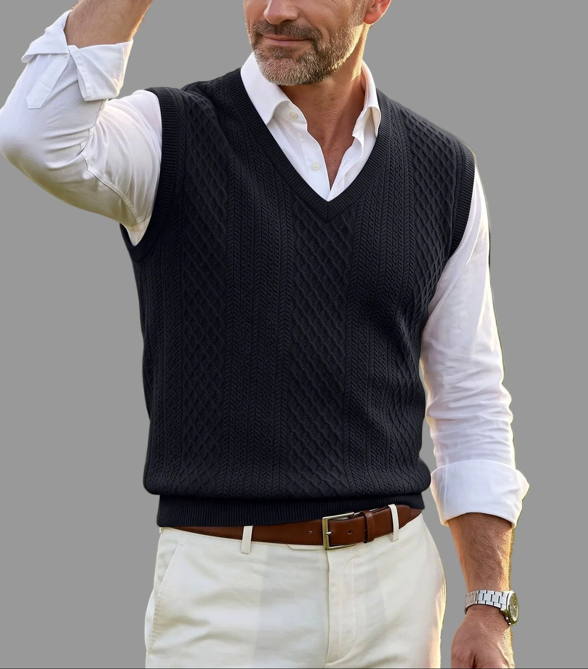 Callum - Men’s V-Neck Cable Knit Vest with Ribbed Edges