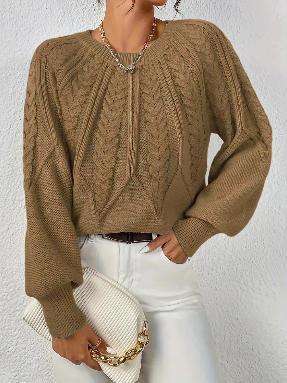 Joan | Cable Knit Crew Neck Light Green Sweater