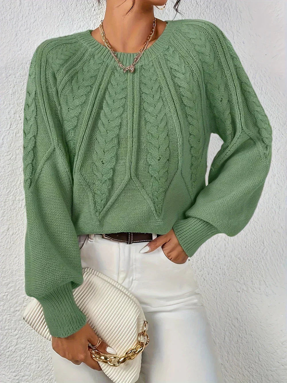 Joan | Cable Knit Crew Neck Light Green Sweater