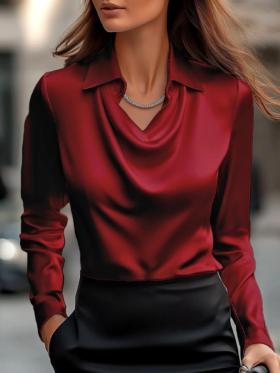 Candace - Women's Satin Cowl Neck Collared Blouse