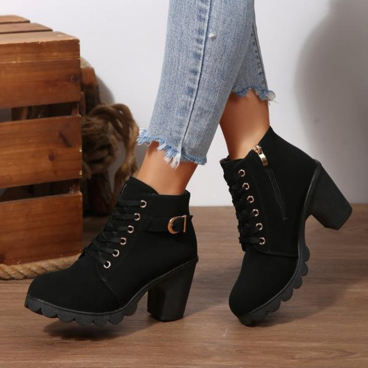 Eloise | Women's Lace Up Ankle Boots Block Heel Buckle