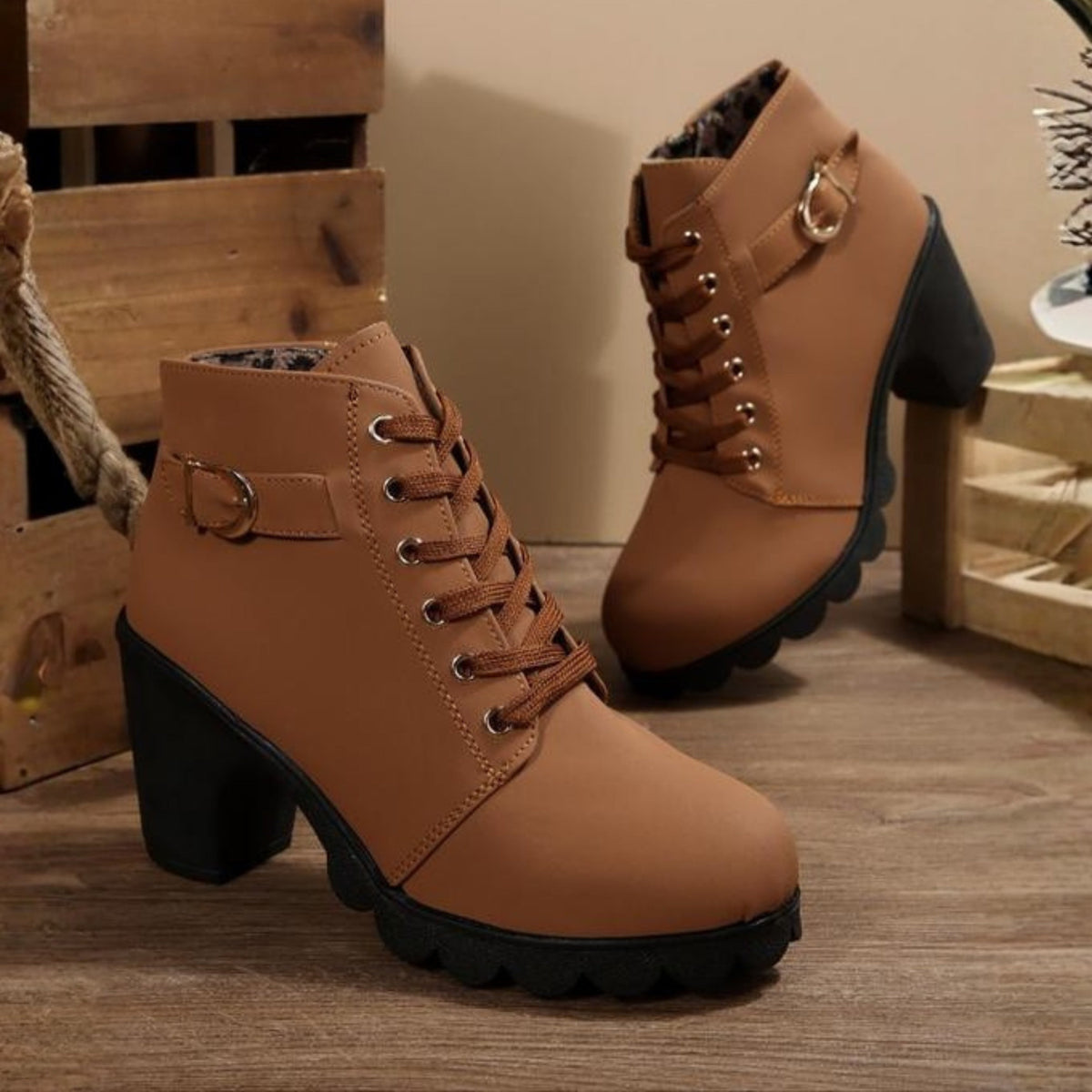Eloise | Women's Lace Up Ankle Boots Block Heel Buckle