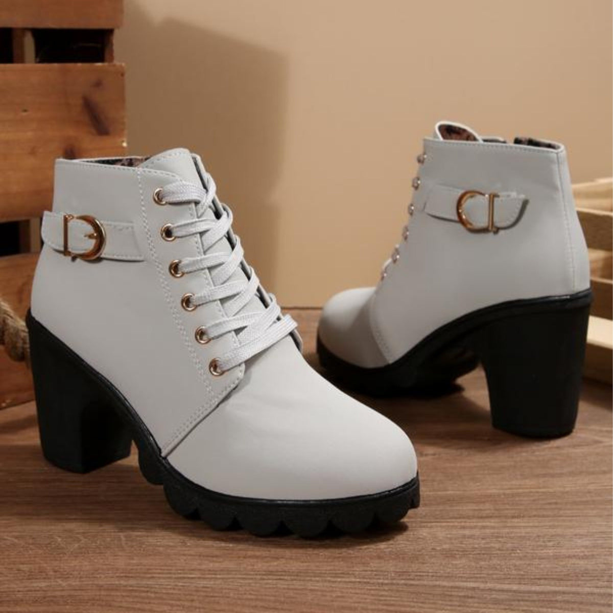 Eloise | Women's Lace Up Ankle Boots Block Heel Buckle