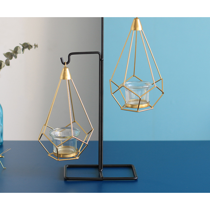 Candle Holder Wall Mounted Sconce with Geometric Gold Wire Cage and T Light Tealight