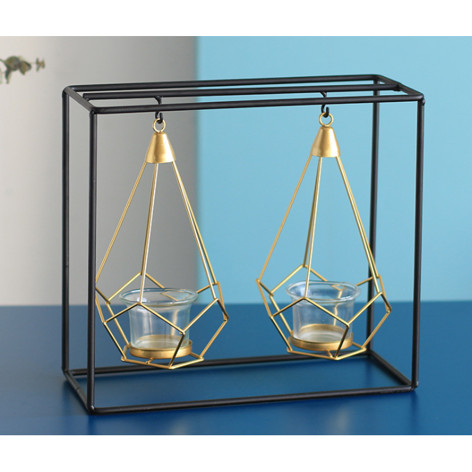 Candle Holder Wall Mounted Sconce with Geometric Gold Wire Cage and T Light Tealight