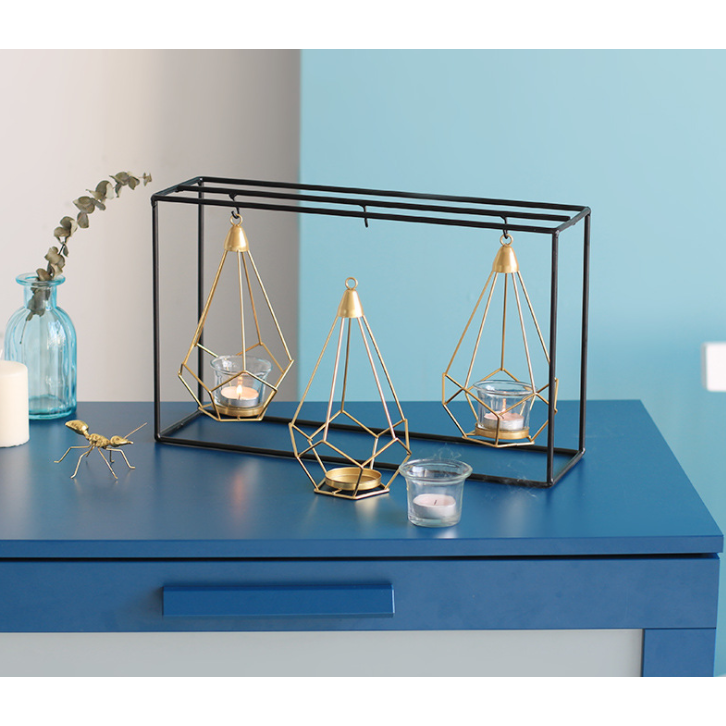 Candle Holder Wall Mounted Sconce with Geometric Gold Wire Cage and T Light Tealight