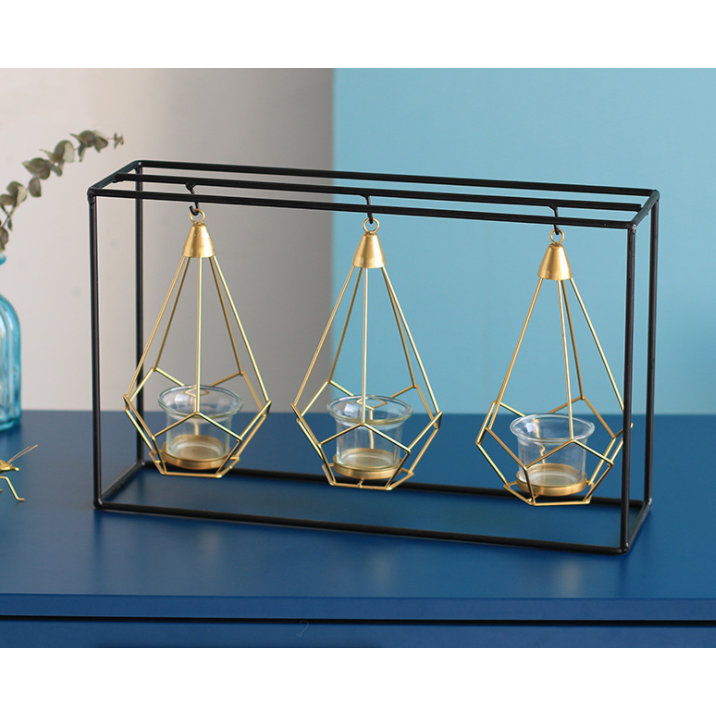 Candle Holder Wall Mounted Sconce with Geometric Gold Wire Cage and T Light Tealight