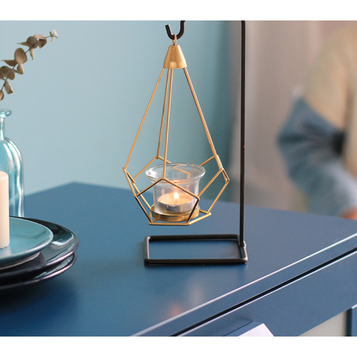 Candle Holder Wall Mounted Sconce with Geometric Gold Wire Cage and T Light Tealight