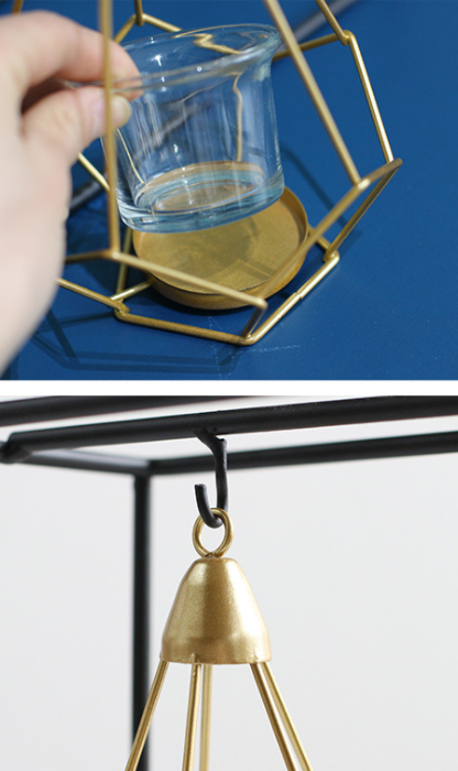 Candle Holder Wall Mounted Sconce with Geometric Gold Wire Cage and T Light Tealight