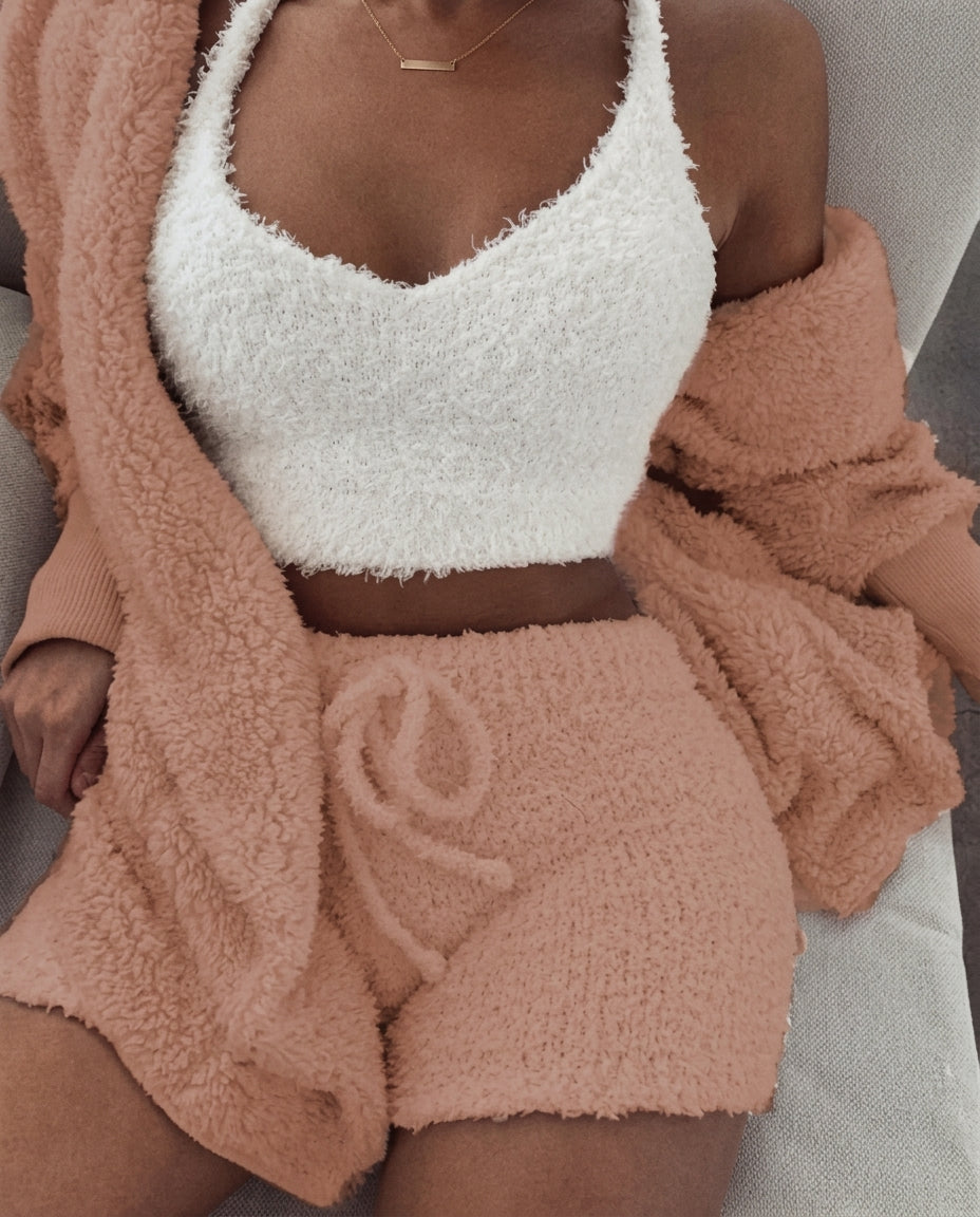 Delaney Women's Fuzzy Knit Cami Shorts Cardigan Set