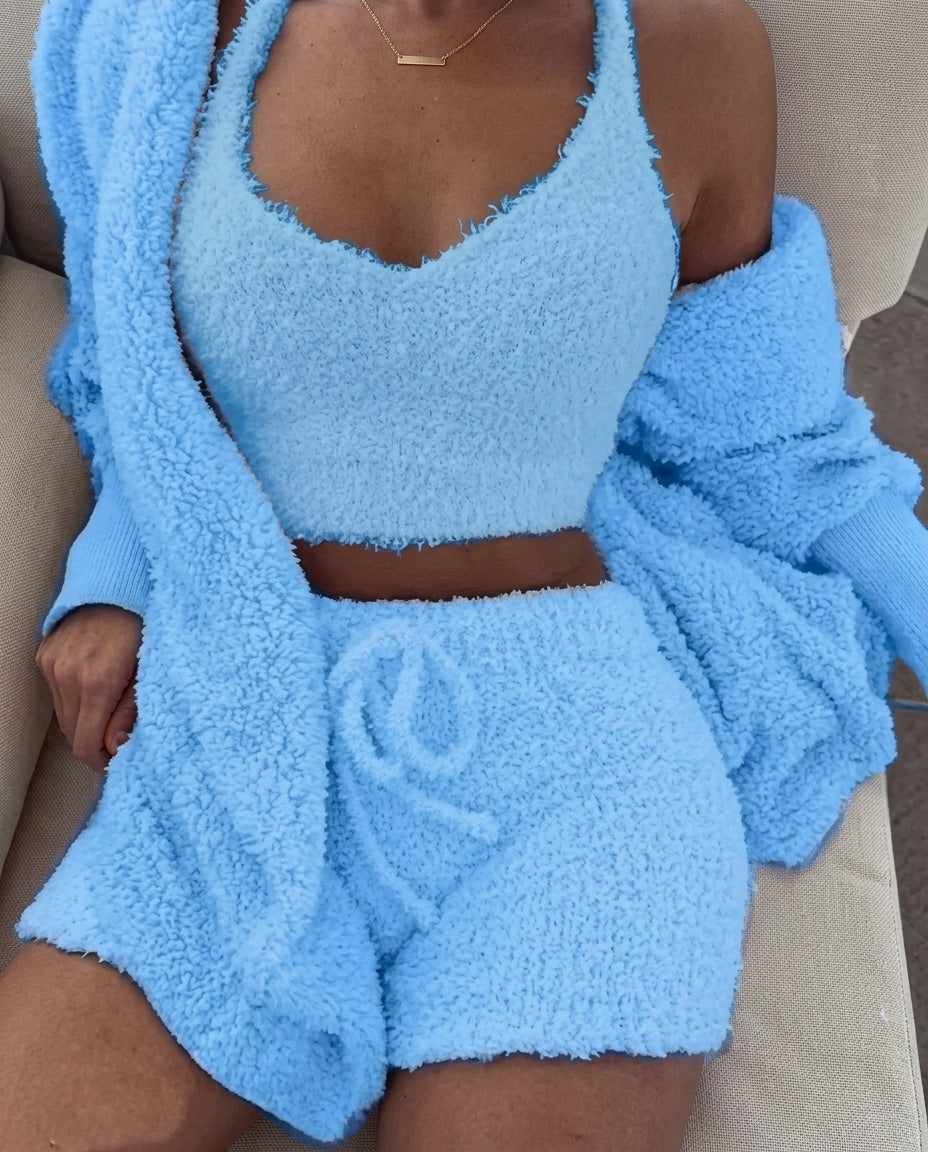 Delaney Women's Fuzzy Knit Cami Shorts Cardigan Set