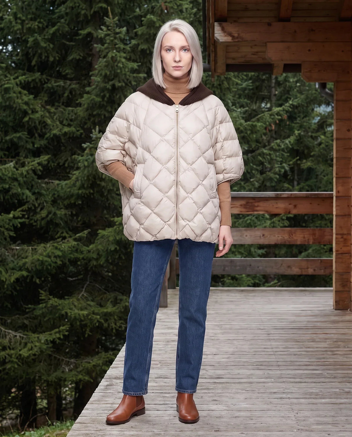 Quilted Cape Gilet with Knitted Hood