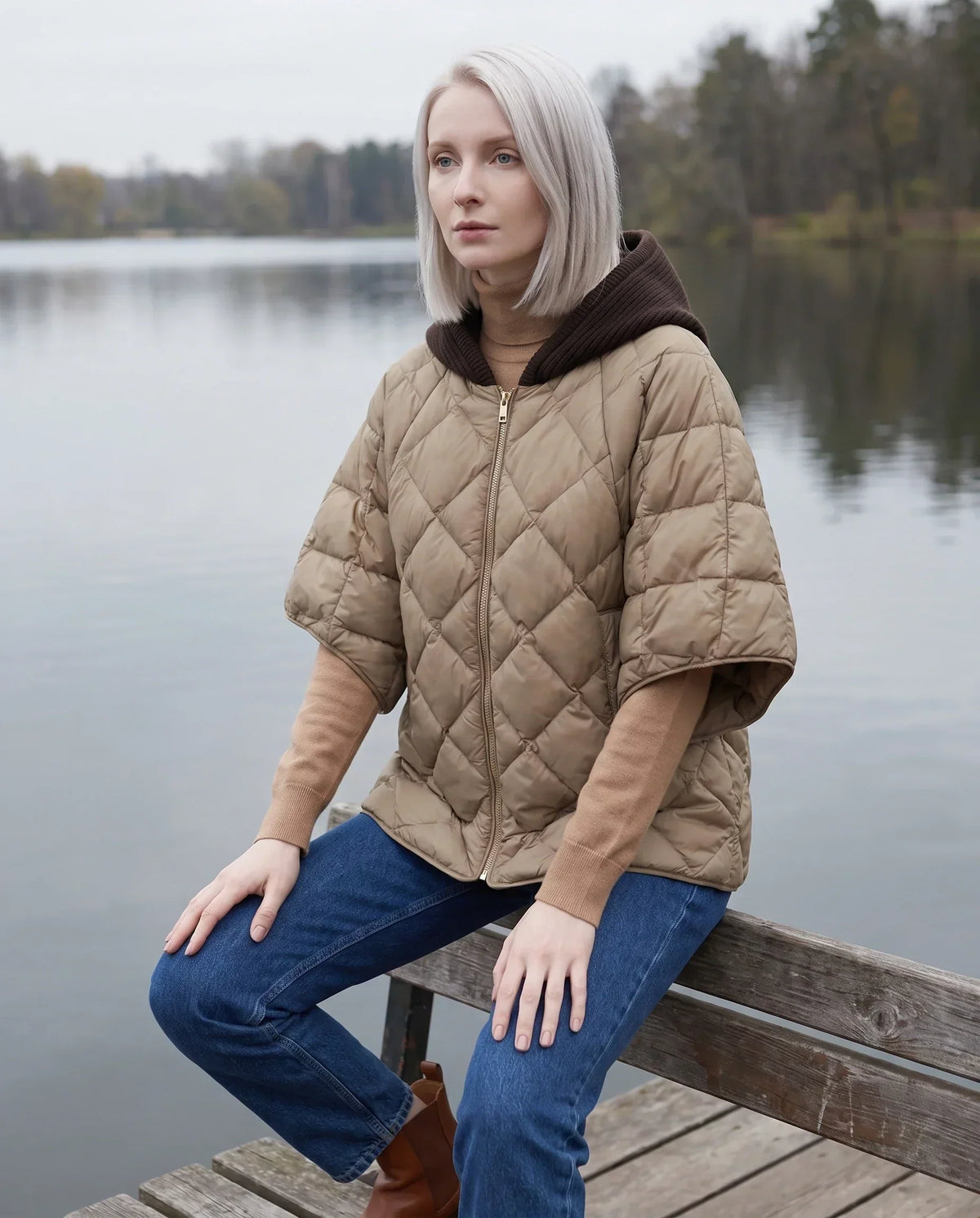 Quilted Cape Gilet with Knitted Hood