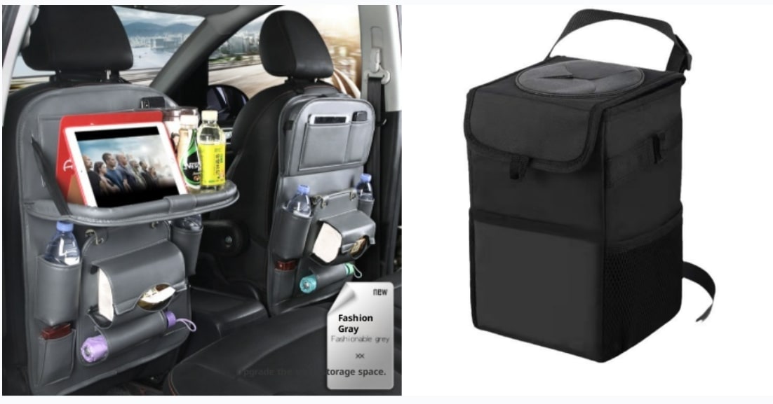 Car Seat Organizer and Crevice Filler with Back Storage Bag and Fold-Down Tray Bench