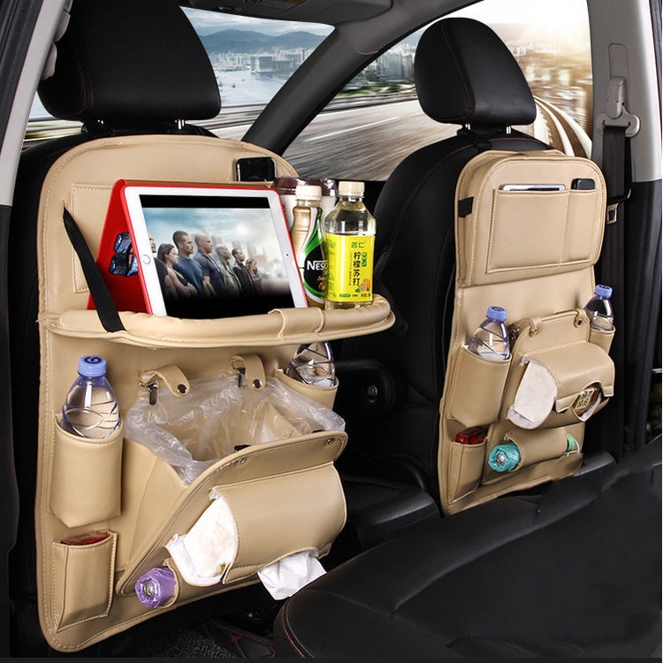 Car Seat Organizer and Crevice Filler with Back Storage Bag and Fold-Down Tray Bench