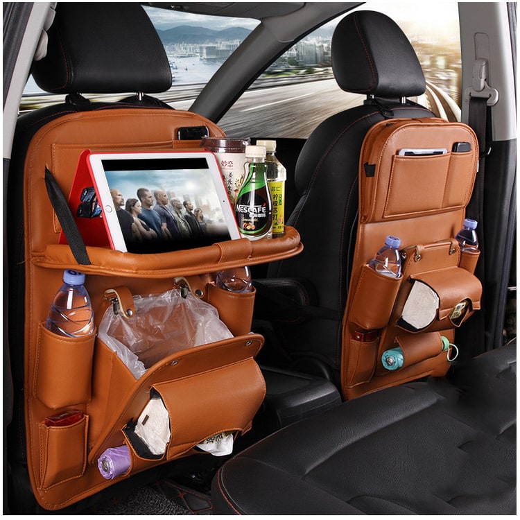 Car Seat Organizer and Crevice Filler with Back Storage Bag and Fold-Down Tray Bench
