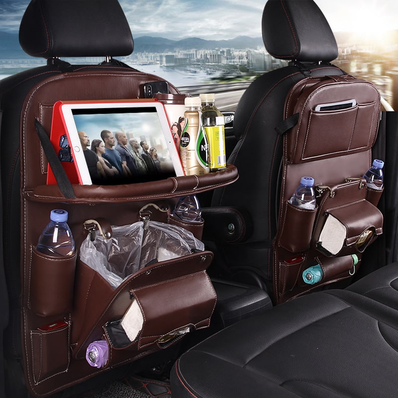Car Seat Organizer and Crevice Filler with Back Storage Bag and Fold-Down Tray Bench