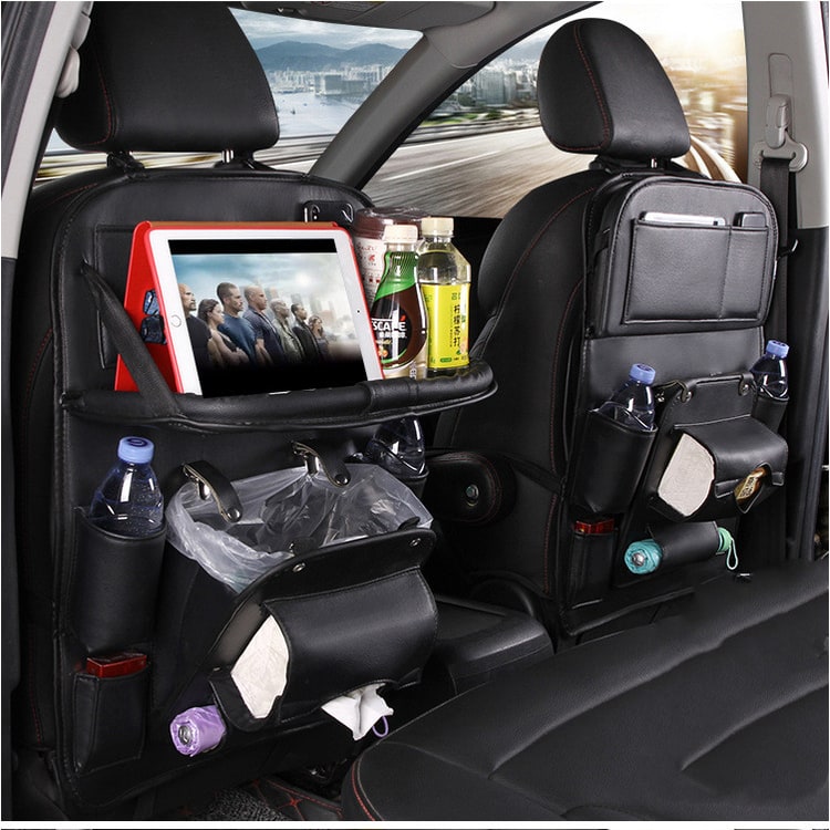 Car Seat Organizer and Crevice Filler with Back Storage Bag and Fold-Down Tray Bench