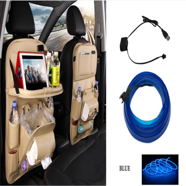 Car Seat Organizer and Crevice Filler with Back Storage Bag and Fold-Down Tray Bench