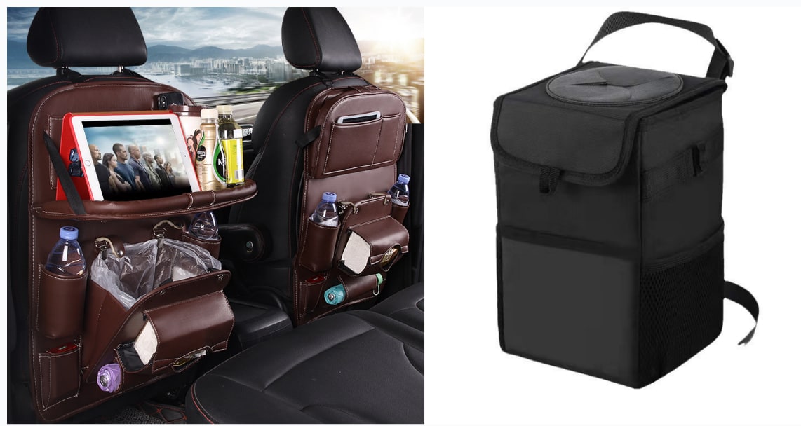 Car Seat Organizer and Crevice Filler with Back Storage Bag and Fold-Down Tray Bench