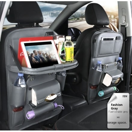 Car Seat Organizer and Crevice Filler with Fold-Down Tray and Storage Pockets