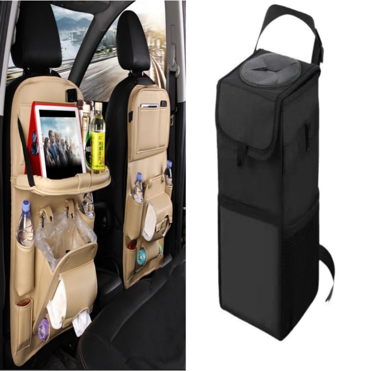 Car Seat Organizer and Crevice Filler with Fold-Down Tray and Storage Pockets
