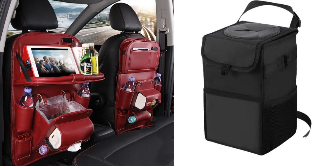 Car Seat Organizer and Crevice Filler with Fold-Down Tray and Storage Pockets
