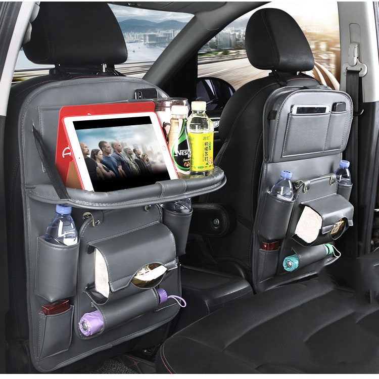 Car Seat Organizer and Crevice Filler with Fold-Down Tray and Storage Pockets