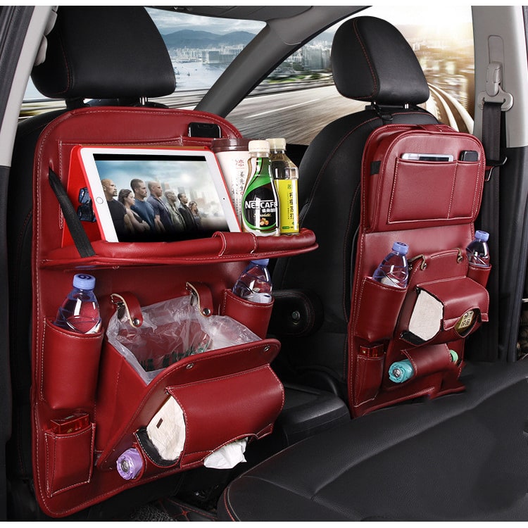 Car Seat Organizer and Crevice Filler with Fold-Down Tray and Storage Pockets