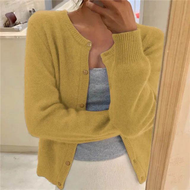 Women’s Fine-Knit Button-Up Cardigan – Soft Round-Neck Long-Sleeve Layer for Office Casual Travel and Everyday Transitional Styling