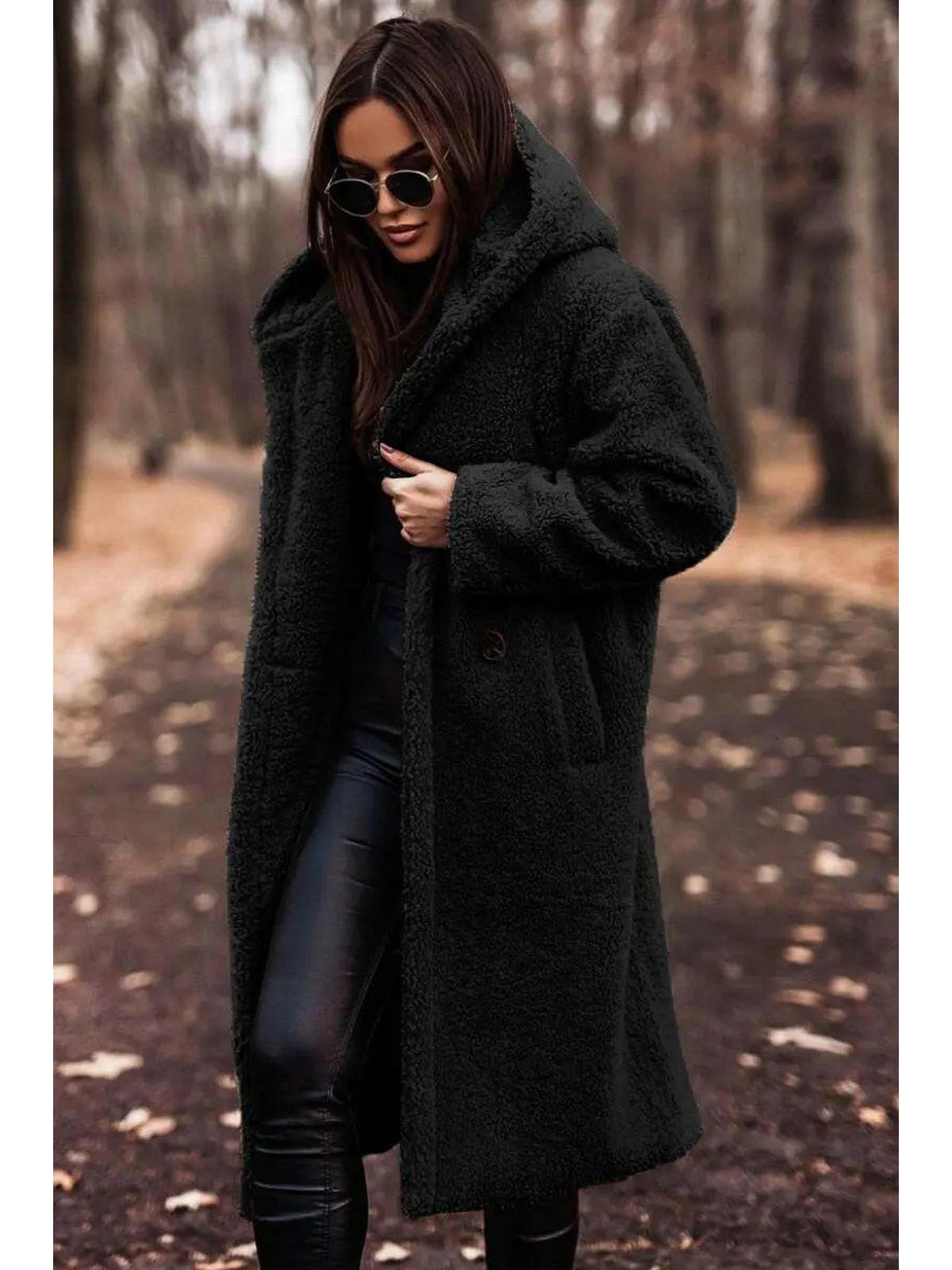 Women's Long Teddy Coat with Hood