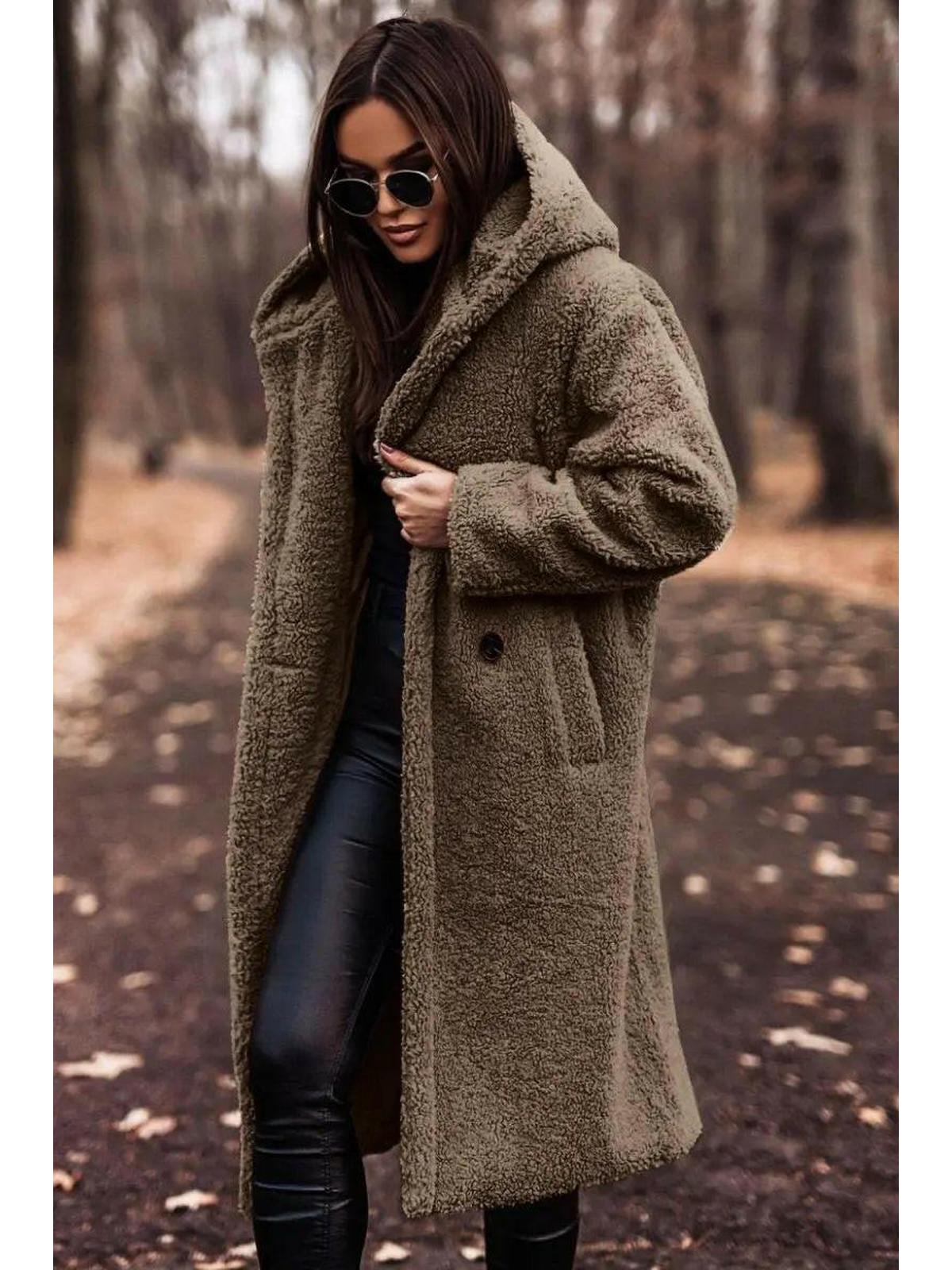 Women's Long Teddy Coat with Hood