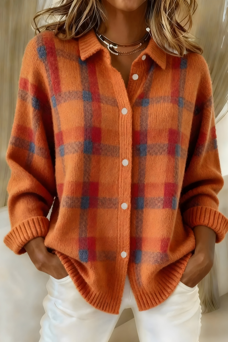 Yvette | Plaid Button-Up Orange Cardigan