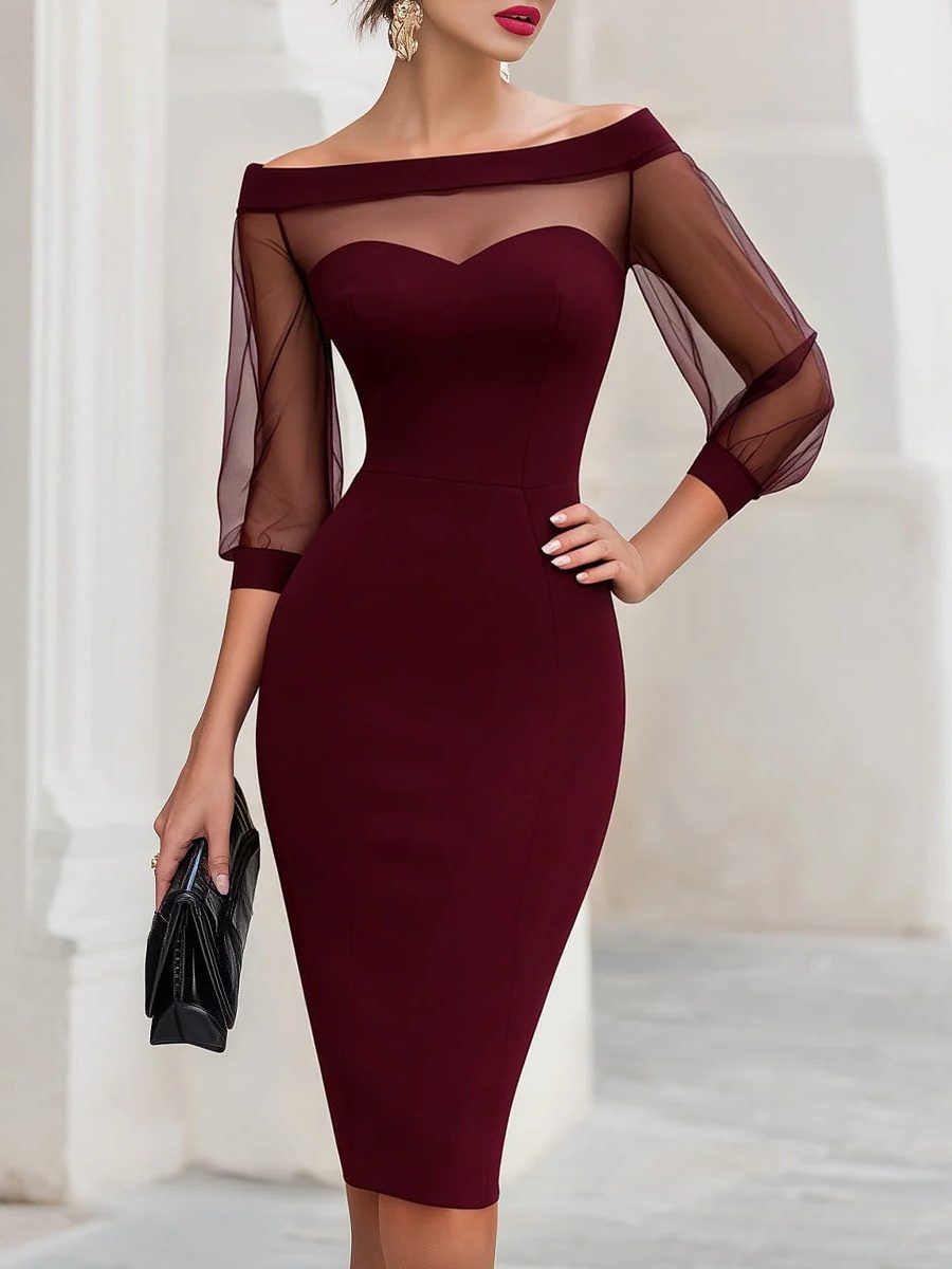 Cassian | Women's Midi Off-Shoulder Cocktail Dress with Sheer Sleeves