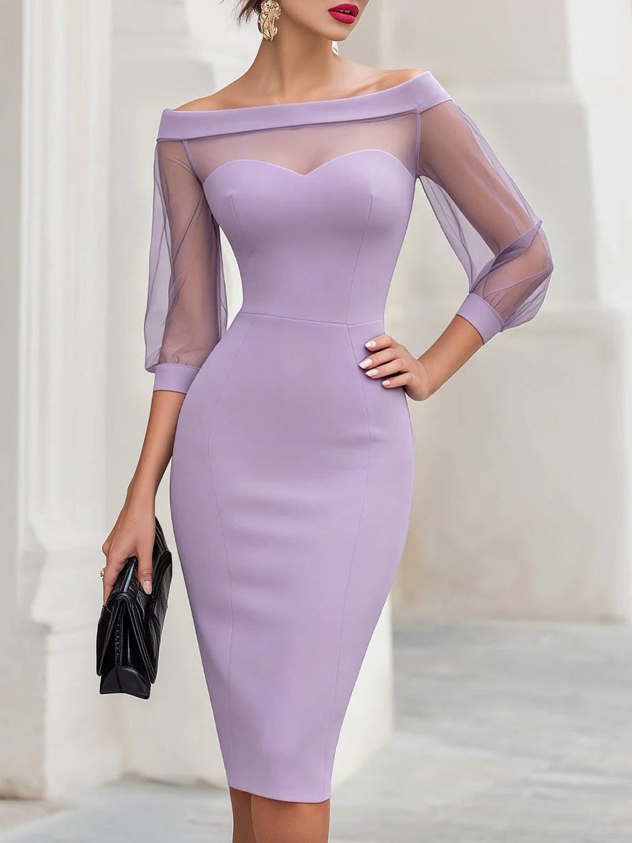 Cassian | Women's Midi Off-Shoulder Cocktail Dress with Sheer Sleeves