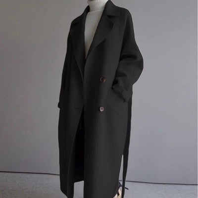 Women's Double-Breasted Longline Coat with Wide Lapels