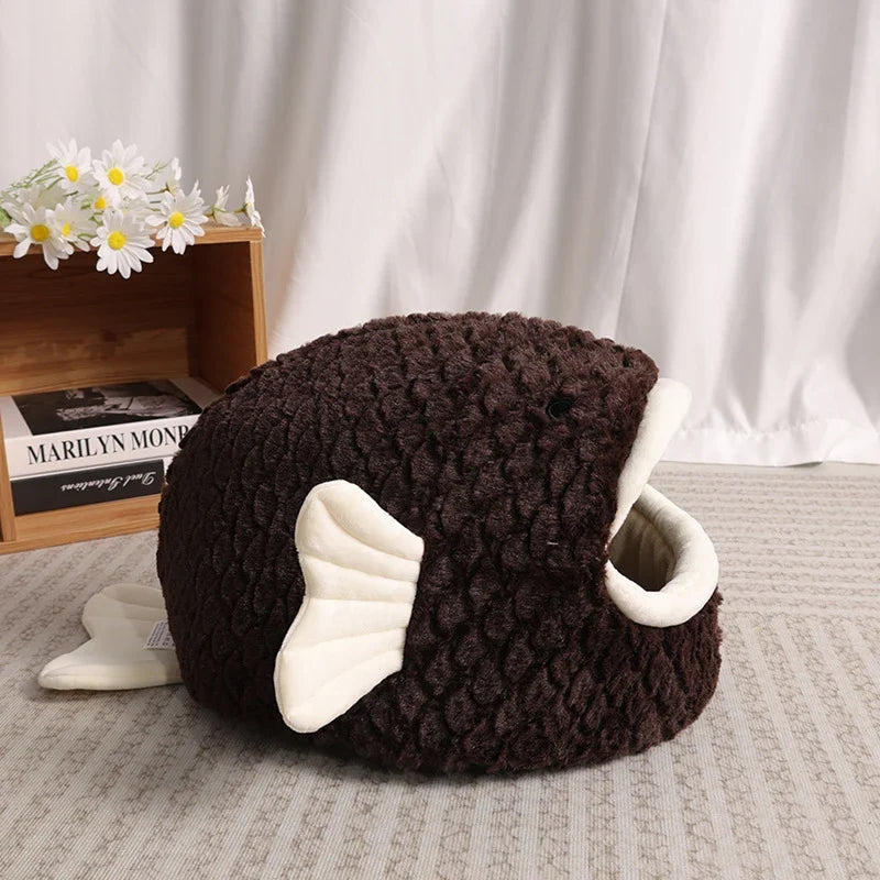 Cat Cave | Fish-Shaped Plush & Insulated | Removable Cushion