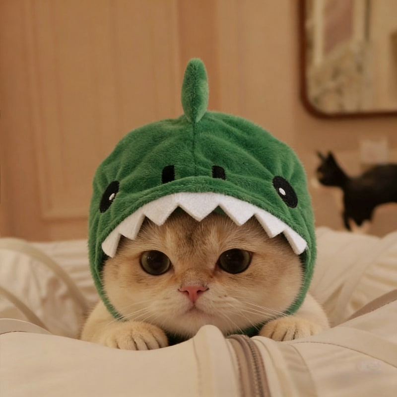 Cat Hat Costume Black Halloween Outfit with Plush Dinosaur Design and Chin Strap