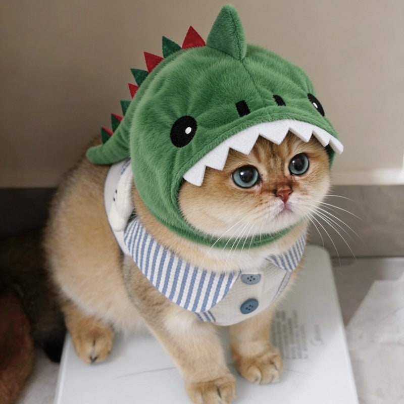 Cat Hat Costume Black Halloween Outfit with Plush Dinosaur Design and Chin Strap
