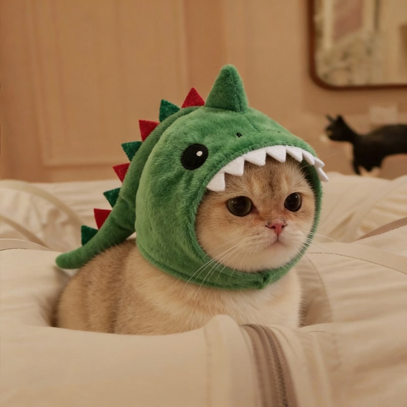 Cat Hat Costume Black Halloween Outfit with Plush Dinosaur Design and Chin Strap