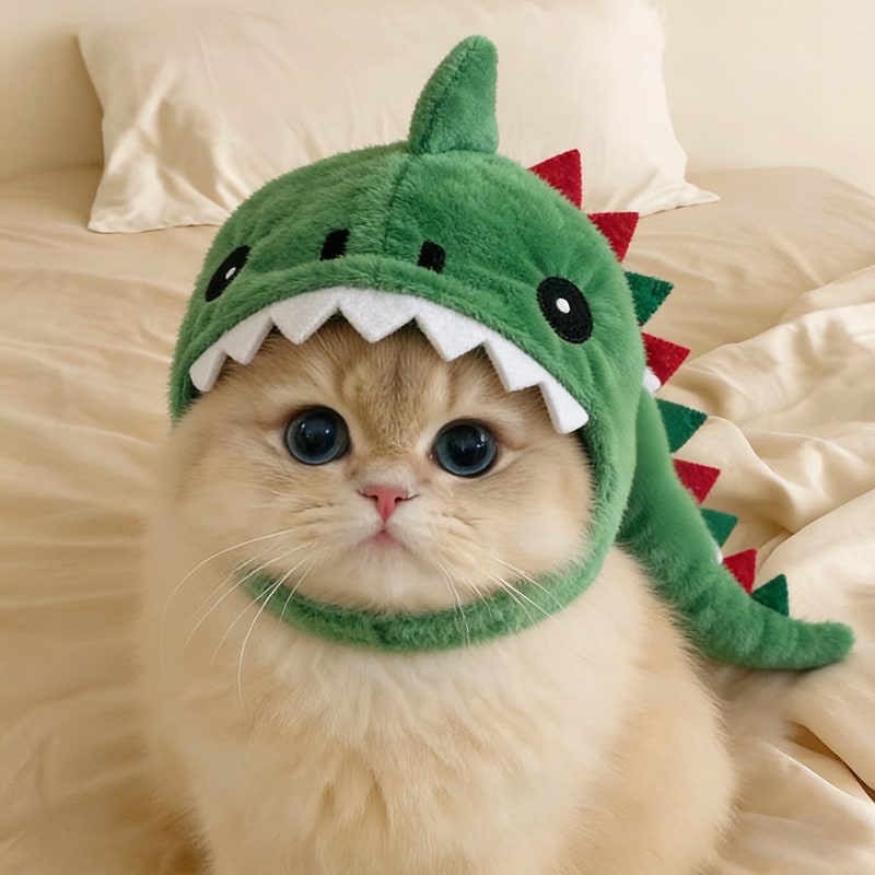 Cat Hat Costume Black Halloween Outfit with Plush Dinosaur Design and Chin Strap
