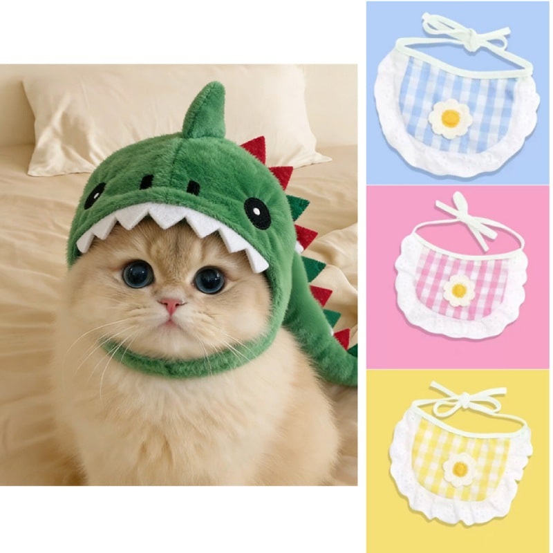 Cat Hat Costume Black Halloween Outfit with Plush Dinosaur Design and Chin Strap