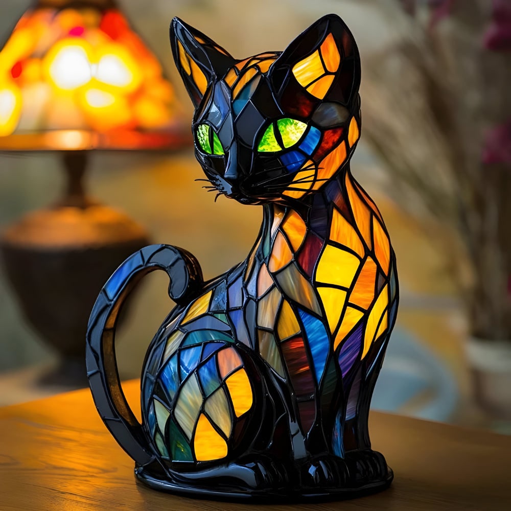 Cat Shaped Stained Glass Table Lamp with Mosaic Color Changing Desk Light