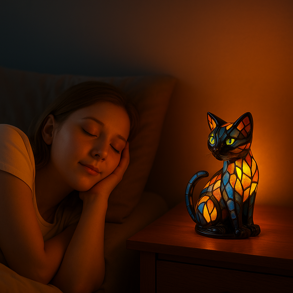 Cat Shaped Stained Glass Table Lamp with Mosaic Color Changing Desk Light