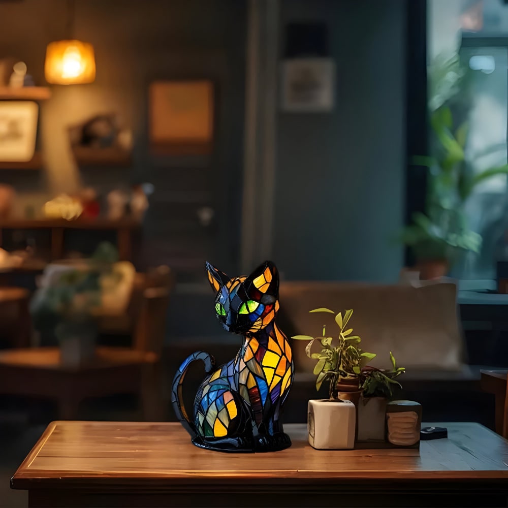 Cat Shaped Stained Glass Table Lamp with Mosaic Color Changing Desk Light