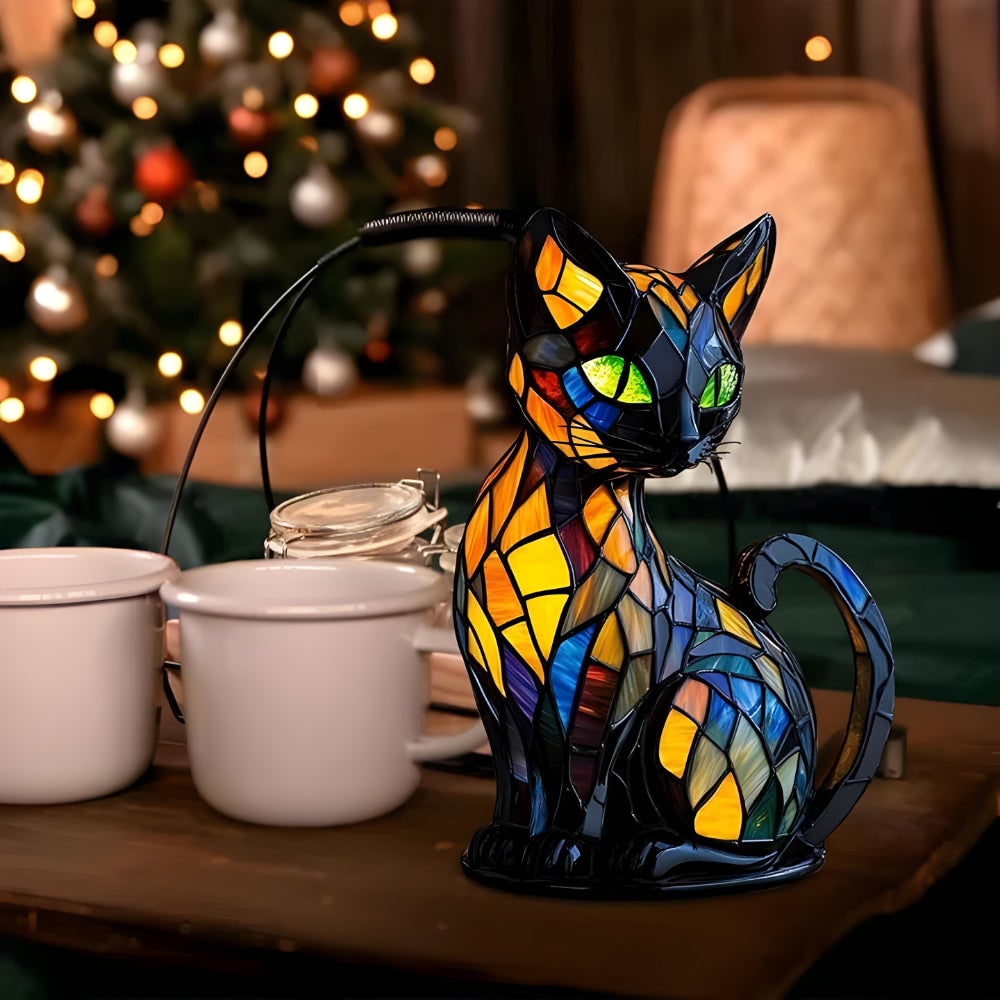 Cat Shaped Stained Glass Table Lamp with Mosaic Color Changing Desk Light