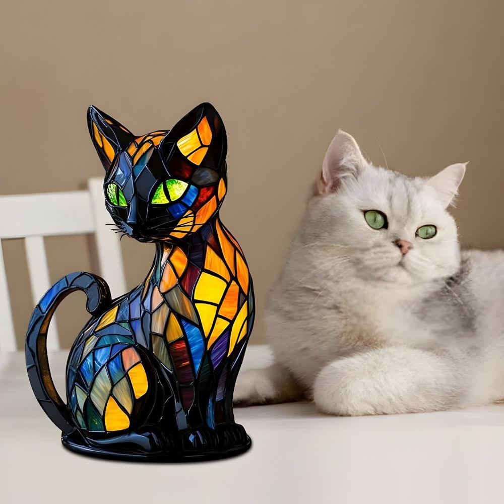 Cat Shaped Stained Glass Table Lamp with Mosaic Color Changing Desk Light
