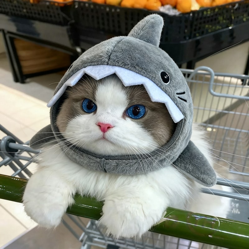 Cat Shark Hat with Ears and Adjustable Strap for Small Pets Costume