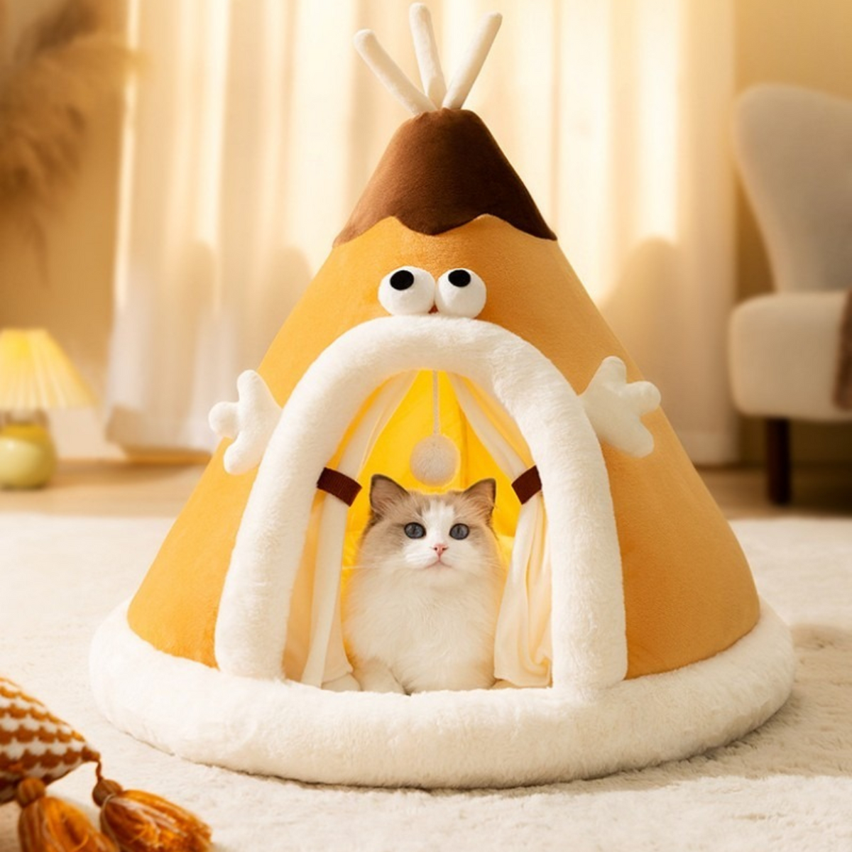 Cat Tent Bed with Heated Cave Design Enclosed Fleece Cushion and Hanging Toy Window