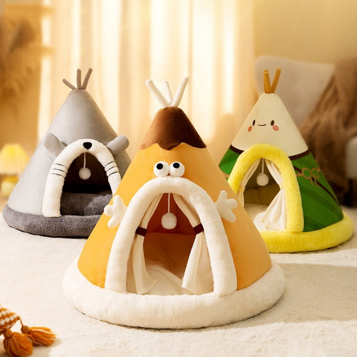 Cat Tent Bed with Heated Cave Design Enclosed Fleece Cushion and Hanging Toy Window